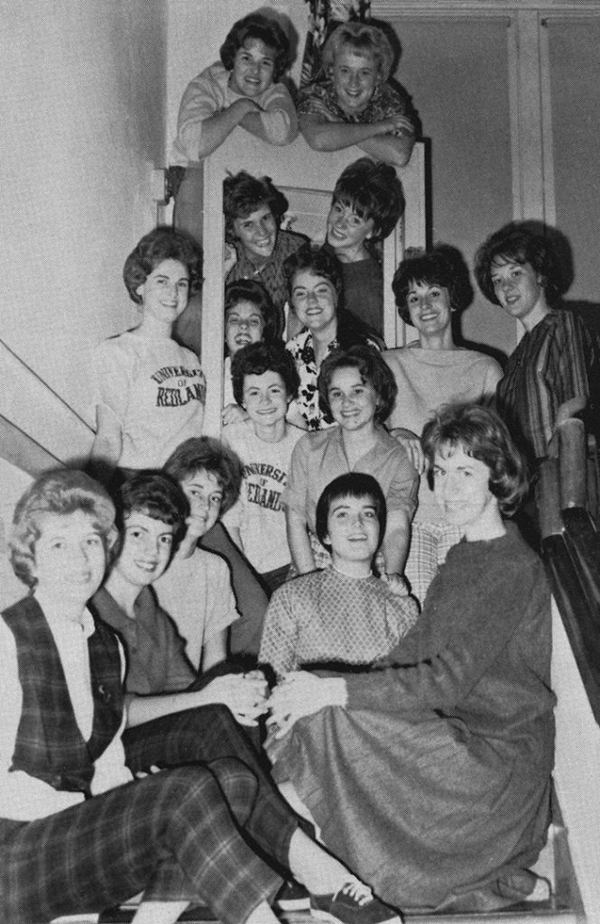 The group gathers for a yearbook photo in 1962, the students’ sophomore year. Row 1: Barbara Spriggs, Barbara Davies, Judy Holloway; Row 2: Phyllis Tilton, Karen Zirbel; Row 3: Liz Strong, Jan Peckham, Linda Fisher, Jeanne Curry, Barbara Burger; Row 4: Pat LaVoire, Diana McAllister; Row 5: Melodia Hoagland, Sandy Chadwick; Row 6: Roxie Replogle, Sally Wilde.